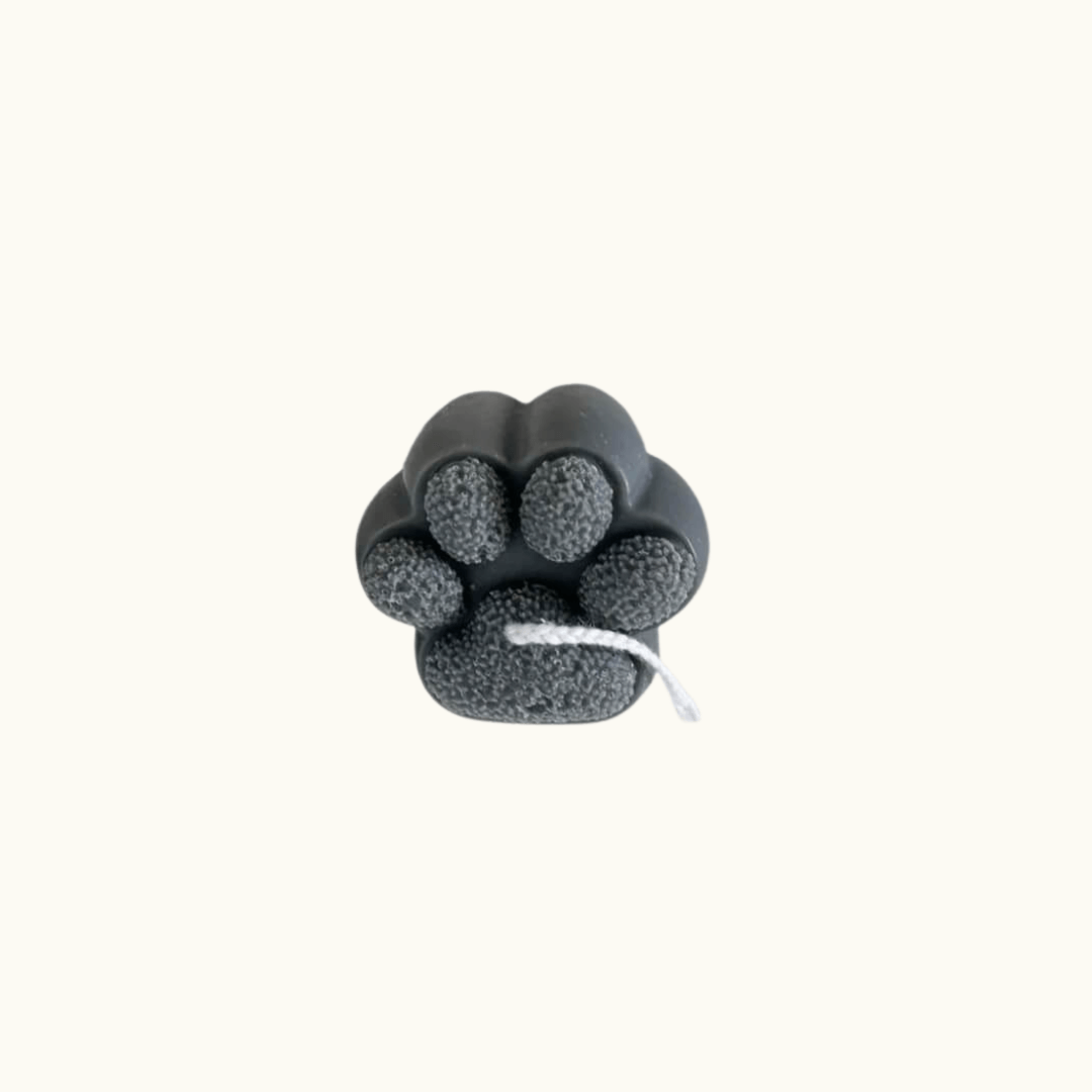 Auf diesem Bild sieht man unsere Pfoten Kerze Paw Candle. Sie ist handgemacht aus Sojawachs. Sie sieht elegant und ästhetisch aus und ist die perfekte Dekoration. Sie ist in verschiedenen Düften erhältlich. Das perfekte Geschenk für jedes Zuhause. In Grau.